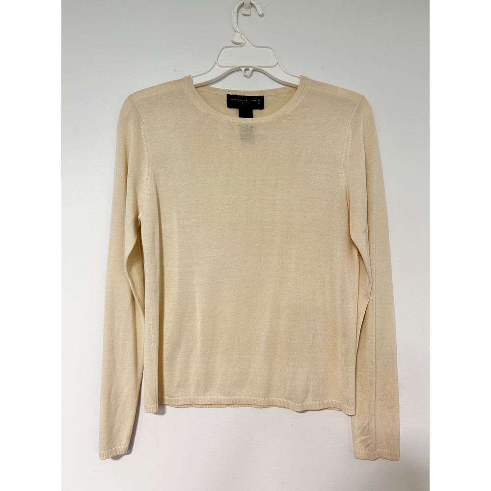 August Silk Womens Cream 100% Silk Long Sleeve Crewneck Knit Sweater Size M